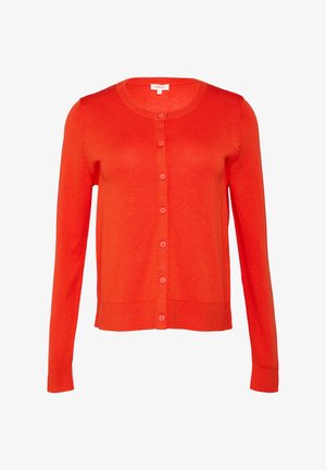 Rote Strickjacke mit langen Ärmeln, rundem Halsausschnitt und Knopfleiste. Verfügt über gerippte Bündchen und Saum, weiche Textur mit gleichmäßigen Nähten.