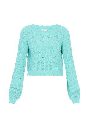 Světle modrý pletený dlouhý crop svetr s diamantovými a listovými vzory, zvlněným lemem a žebrovanými manžetami.