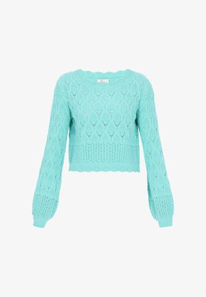 Vaaleansininen neulottu pitkähihainen lyhyt paita, jossa on timantin ja lehden kuviot, aaltoileva helma ja resorit hihansuissa.