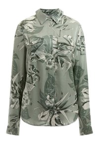 Langarmhemd aus weich grünem Stoff mit floralem Muster, das große Blätter und Blumen zeigt, mit durchgehendem Knopfverschluss und klassischem Kragen.