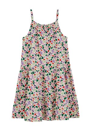 Robe sans manches avec fines bretelles, jupe à volants et motif floral multicolore rouge, violet, vert et beige sur fond clair.