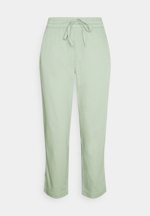 Pantalon décontracté vert clair avec taille élastique et cordon de serrage ajustable, coupe droite, et détails de couture subtils.