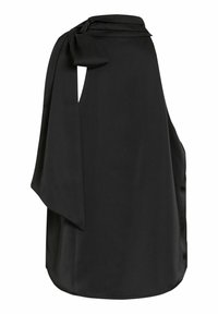 Must have mustavärvi ilma varrukate top, mis on valmistatud siledast kangast. Tal on õlal sõlme detail ning see on lahtine ja drapeeritud disainiga.