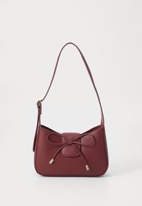 Burgundy leather handbag with a structured shape, flat bow detail at the front, and a single shoulder strap. Gold-tone hardware accents.