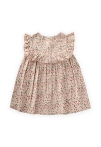 Vestito rosa chiaro con un motivo floreale. Presenta maniche corte a volants e una vita arricciata, creando uno stile giocoso e femminile.