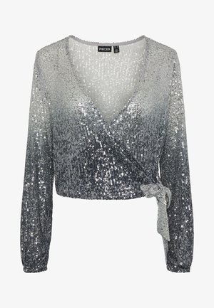 Hõbedane sädelev kätisekombineeritud pluus pikkae varrukaga, millel on heledast tumedani ulatuv ombre efekt ja vöökoht, mis on seotud detailiga.