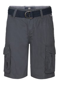 Pantalones cortos cargo grises hechos de una tela ligera, con un cinturón tejido con un anillo de metal, bolsillos laterales y un diseño de corte relajado.
