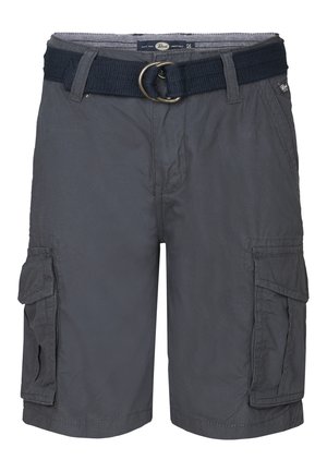 Pantalones cortos cargo grises hechos de una tela ligera, con un cinturón tejido con un anillo de metal, bolsillos laterales y un diseño de corte relajado.