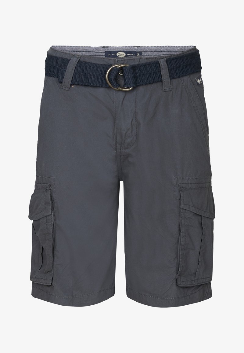 Pantalones cortos cargo grises hechos de una tela ligera, con un cinturón tejido con un anillo de metal, bolsillos laterales y un diseño de corte relajado.