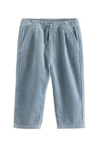 Helle blaue Cordhosen mit strukturiertem Rippenmuster, elastischem Bund mit Kordelzug und seitlichen Taschen.