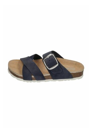 Men's casual slide sandal with dark navy crossed straps, large silver buckle, cork footbed, and white rubber sole.