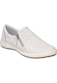 Weiße durchlöcherte Slipper mit einem seitlichen Reißverschluss, kontrastierender beige Gummisohle und glatter Lederoberfläche. Für legere Anlässe entworfen.