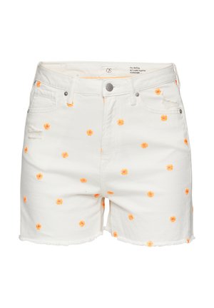 Witte denim shorts met verspreide oranje bloemendessins, rafelige zoom en standaard vijf-pocketontwerp. Sluiting met metalen knoop.