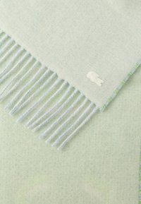 Svetlomodrý šál so zelenými akcentmi, s lemom ozdobeným strapcami a malým vyšívaným logom. Je viditeľná mäkká textura a tkaný vzor.