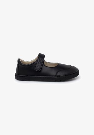Chaussure Mary Jane en cuir noir avec un bout rond, sangle ajustable en Velcro, col rembourré et semelle en caoutchouc dotée d'un motif de grip texturé.