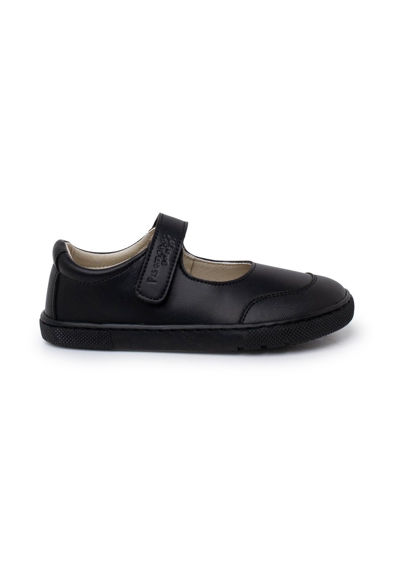 Zapato Mary Jane de cuero negro con puntera redonda, correa ajustable de Velcro, cuello acolchado y suela de goma con un patrón de agarre texturizado.