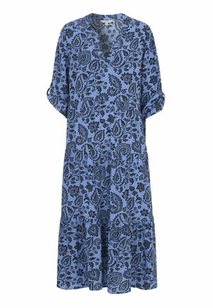 Sininen välipitkä mekko, jossa musta kukallinen paisley-kuvio, V-pääntie ja kolme neljänneksen mittaiset hihat, joissa nappikiinnikkeet.