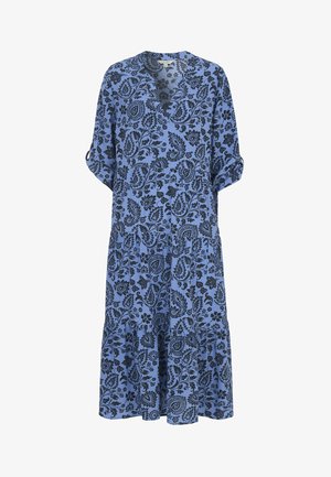 Blaues Midikleid mit schwarzem floralen Paisley-Muster, V-Ausschnitt und dreiviertellangen Ärmeln mit Knopflaschen.