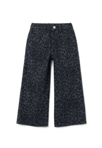Pantalons à jambes larges gris foncé avec un motif léopard noir, bouton sur le devant, passants de ceinture et poches, présentés sur fond blanc.