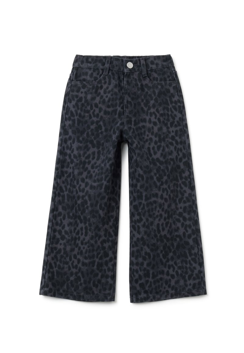 Pantalons à jambes larges gris foncé avec un motif léopard noir, bouton sur le devant, passants de ceinture et poches, présentés sur fond blanc.