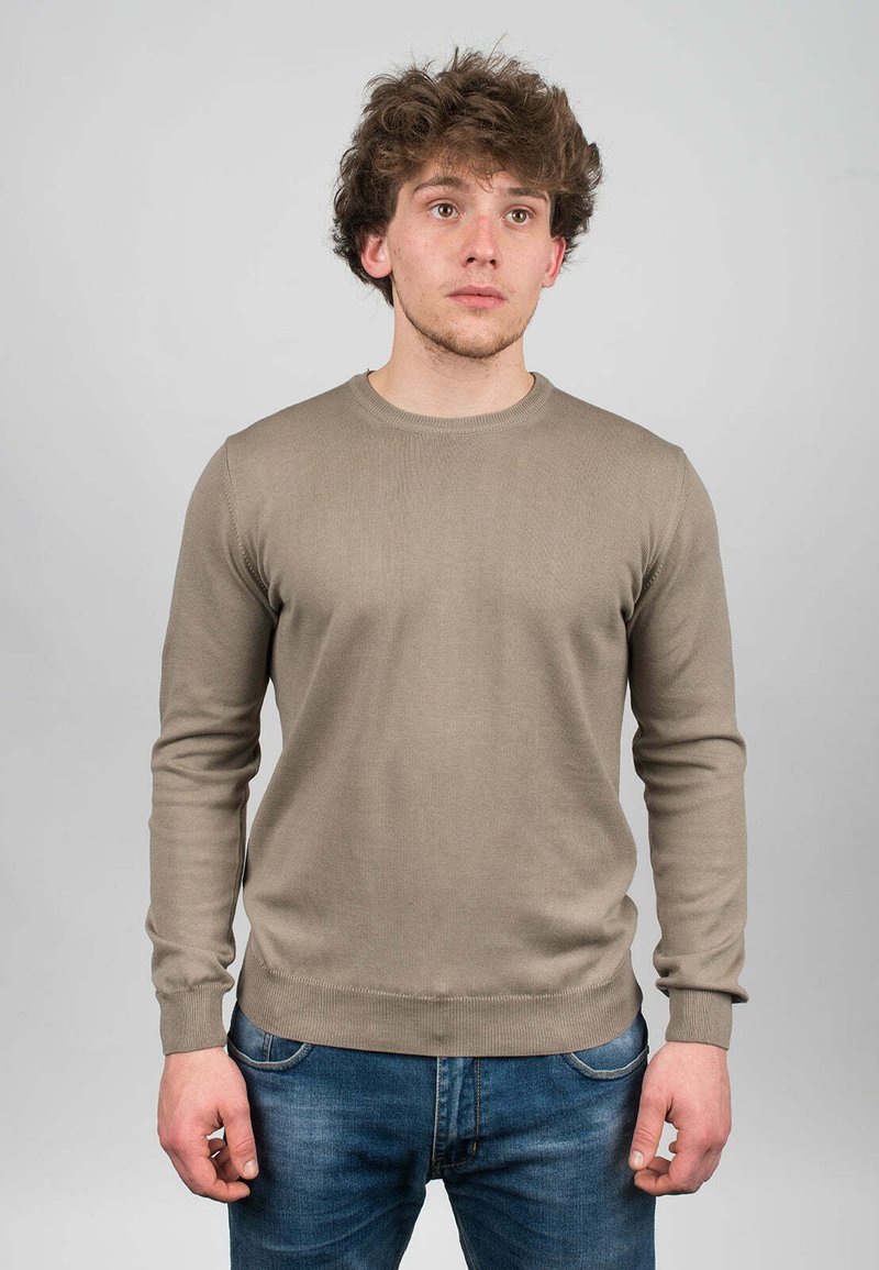 Beige stickad tröja med rund halsringning, långa ärmar och ribbade ärmslut. Kombinerad med blå denimjeans, stående mot en neutral bakgrund.