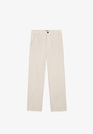 Lyse beige bukser med lige ben, bæltestropper, sidelommer og sort knaplukning i taljen.