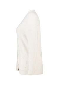 Gebreid vest in crèmekleur, met gestructureerde stippen, lange mouwen en een rechte snit met een knoopsluiting aan de voorkant.