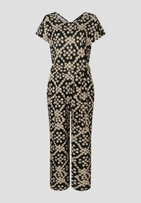 Zwarte jumpsuit met beige bloemenpatroon, korte mouwen, V-hals en een ceintuur in de taille. Wijde pijpenontwerp met een zachte textuur.