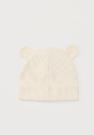 Flødefarvet ribstrikket babyhue med to små afrundede ører på toppen, designet til varme og sød stil.
