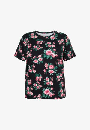 Schwarzes Kurzarmhemd mit verstreutem pinkfarbenem Rosen- und grünem Blättermuster.