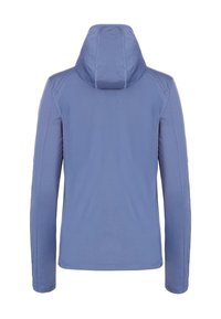 Lichtblauwe jacket met een capuchon, lange mouwen en platte naden. De stof ziet er glad en licht rekbaar uit. Minimalistisch ontwerp.