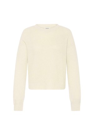 Maglione a maglia crema con scollo rotondo, maniche lunghe e vestibilità morbida. Tessuto testurizzato con polsini e orlo a costine.