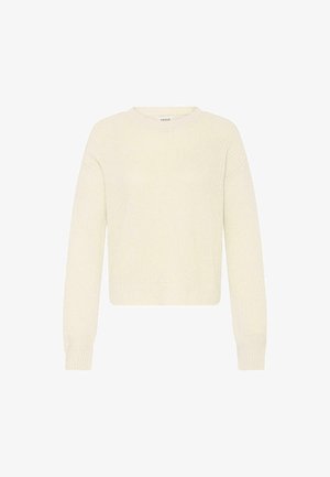 Crème gebreide trui met een ronde hals, lange mouwen en een relaxte pasvorm. Getextureerde stof met ribbelmanchetten en -zoom.