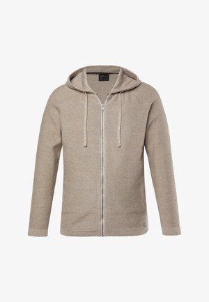 Beige strikket hættejakke med lynlås, lange ærmer og snoretræk, der har en diskret struktur og en lille label nær kanten.