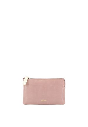 Light pink rectangular leather pouch with gold zipper and small "abra" logo in gold on front center.