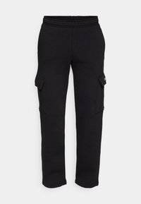 Svarta cargo-mjukbyxor i mjukt material, utrustade med två sidofickor med lock, elastisk midja och tapered bendesign.