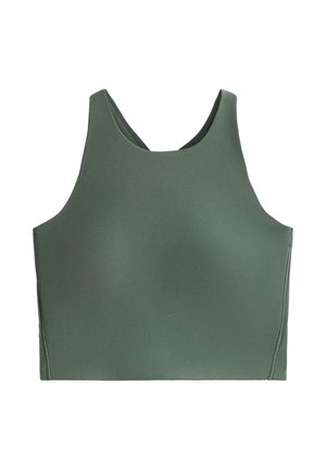 Olívazöld sportos crop top sima, rugalmas anyagból. Széles pántokkal és lekerekített nyakkivágással rendelkezik, alkalmas aktív viselethez.