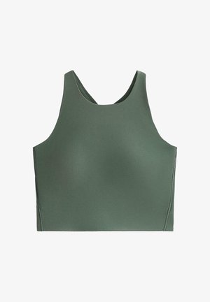 Olívazöld sportos crop top sima, rugalmas anyagból. Széles pántokkal és lekerekített nyakkivágással rendelkezik, alkalmas aktív viselethez.