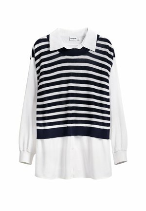 Navy and white striped knit upper layer with a white button-up shirt underneath; features a classic collar and long sleeves.