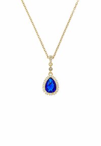 Collier en or avec un pendentif en forme de poire en pierre précieuse bleue entouré de strass transparents. La chaîne est composée de maillons entrelacés.