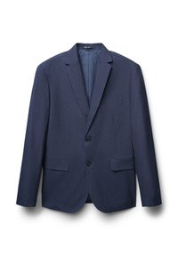 Blazer blu navy con un motivo testurizzato, revers a punta, due tasche frontali e chiusura a un bottone. Interno foderato.