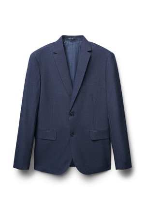 Navyblauer Blazer mit strukturiertem Muster, Reverskragen, zwei Fronttaschen und einer Ein-Knopf-Verschluss. Gefüttertes Innenfutter.