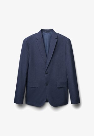 Navyblauer Blazer mit strukturiertem Muster, Reverskragen, zwei Fronttaschen und einer Ein-Knopf-Verschluss. Gefüttertes Innenfutter.