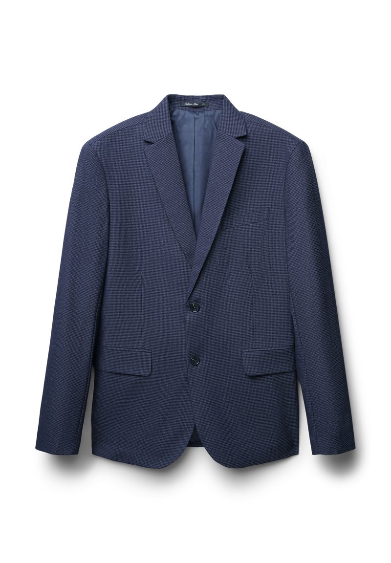 Blazer blu navy con un motivo testurizzato, revers a punta, due tasche frontali e chiusura a un bottone. Interno foderato.
