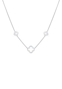 Collar de cadena de plata con tres colgantes en forma de flor, dos más pequeños y uno más grande, con detalles cortados y un acabado pulido.