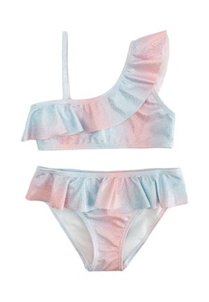 Set bikini a spalla scoperta in colori pastello con dettagli volant; tessuto testurizzato e lucido; il top presenta una spallina singola, mentre il fondo ha un orlo svasato.