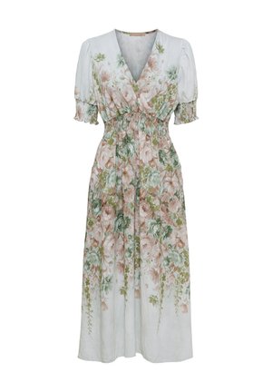 Hvid midi-kjole med pink og grøn blomstret print, V-hals, puffede korte ærmer og smock-talje og manchetter.