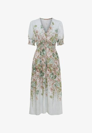 Hvid midi-kjole med pink og grøn blomstret print, V-hals, puffede korte ærmer og smock-talje og manchetter.