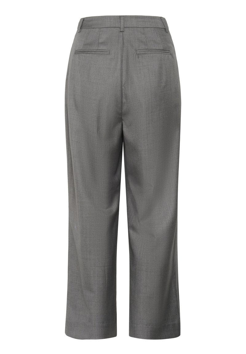 Graue, strukturierte, kürzere Hosen mit maßgeschneidertem Design. Verfügt über zwei Gesäßtaschen und eine gerade Beinform.