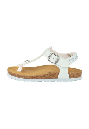 White open-toe sandal with cork footbed, adjustable metal buckle strap, and white sole, viewed from the side on a white background.